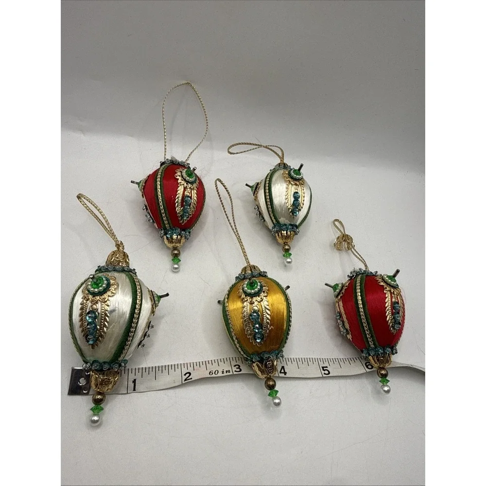 Lot Of 5 Vintage Push Pin Sequin Christmas Tree Ornaments Handmade MCM Red Whole